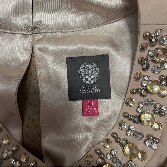 VINCE CAMUTO | Taupe Neck Embellished Chiffon Layered Trapeze Dress Size 10 - Picture 3 of 9